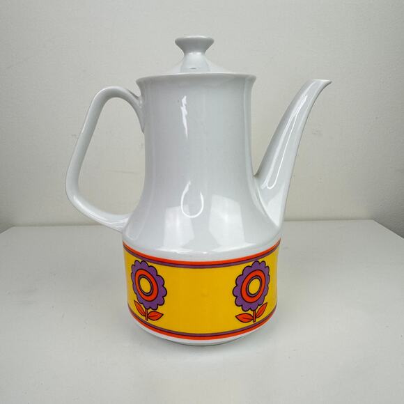 Vintage MCM Mid Century White Purpl Floral Lid Space Age Porcelain Coffee Teapot - Picture 2 of 6